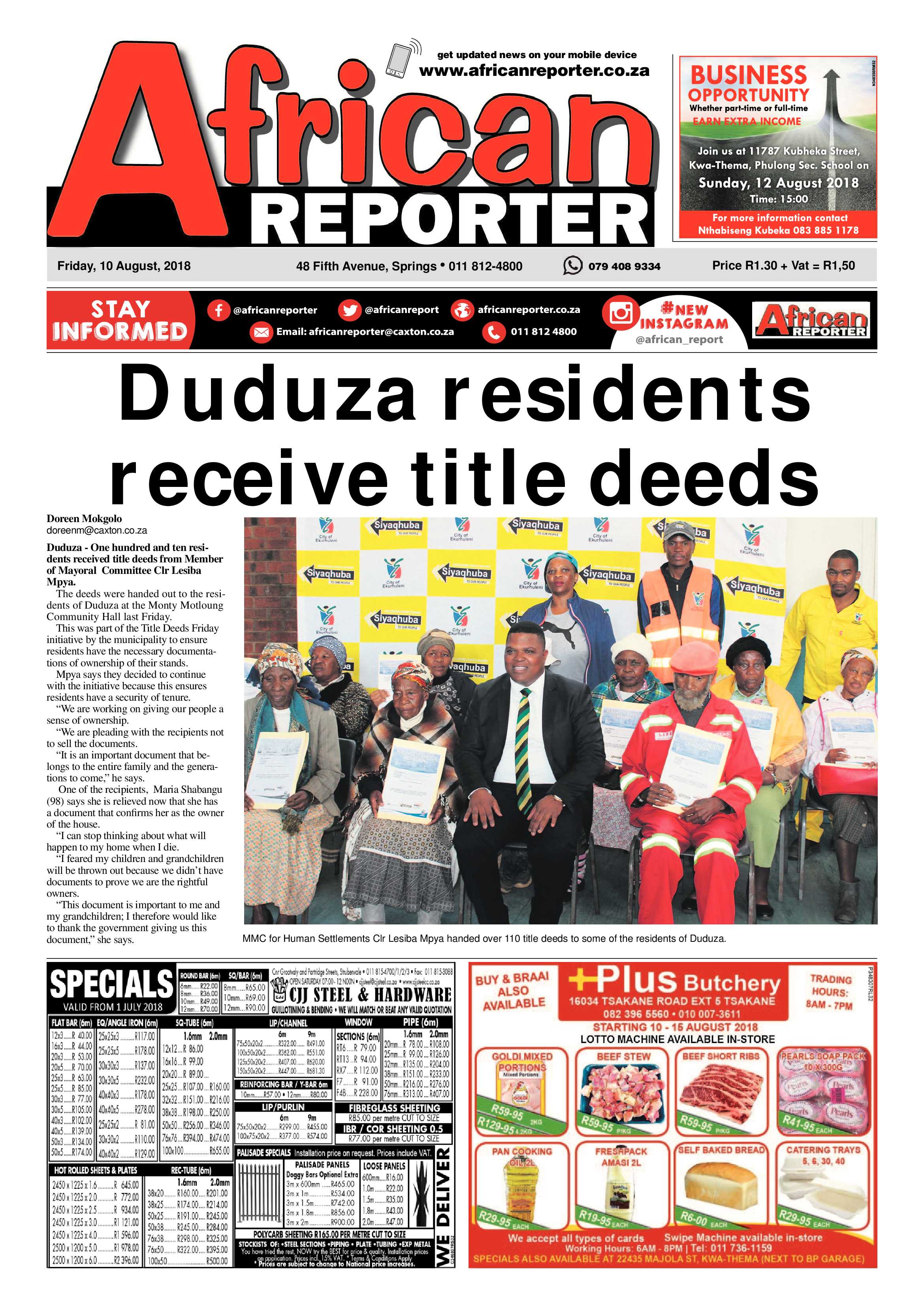 African Reporter 10 August 2018 page 1