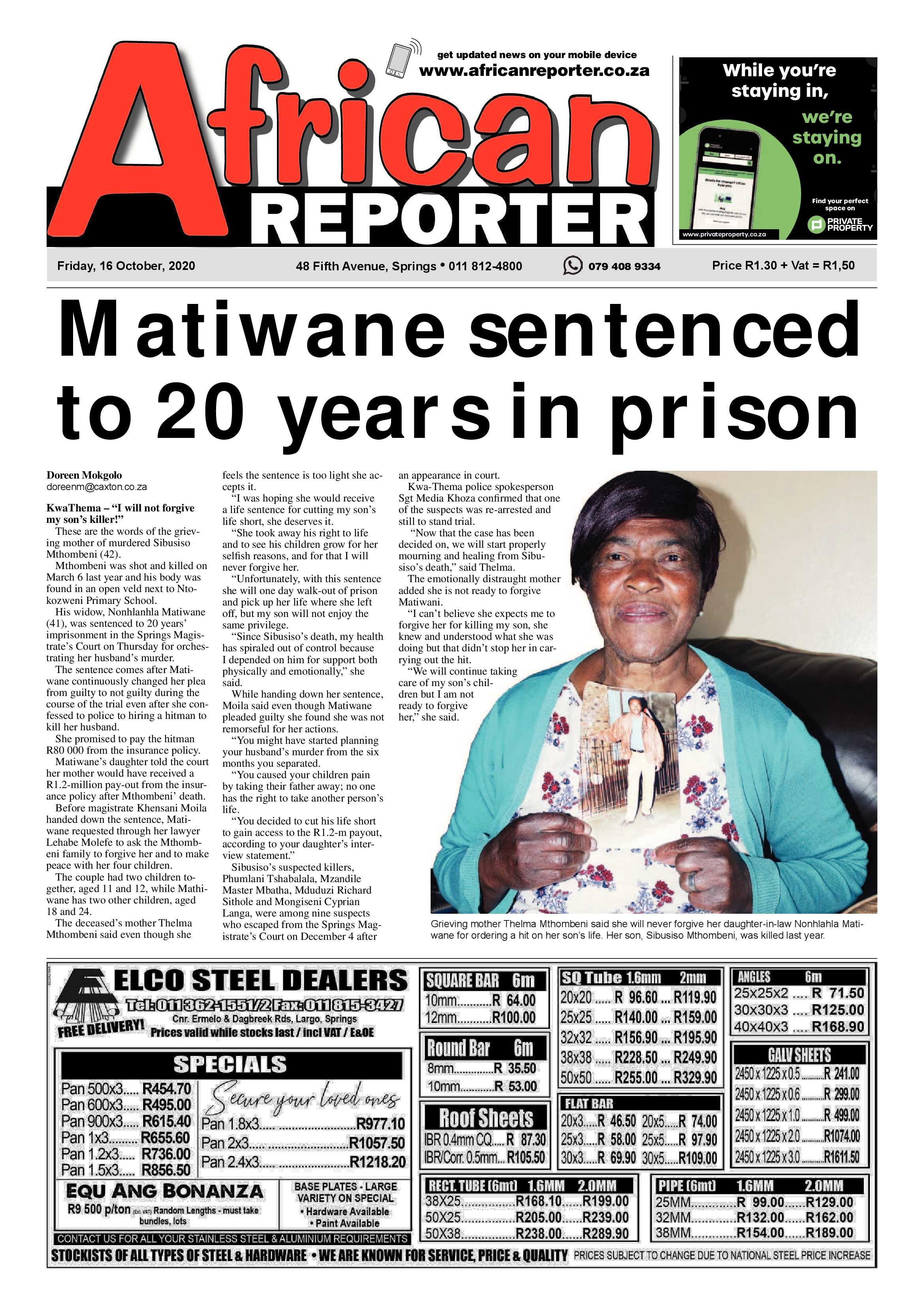 African Reporter 16 October 2020 page 1