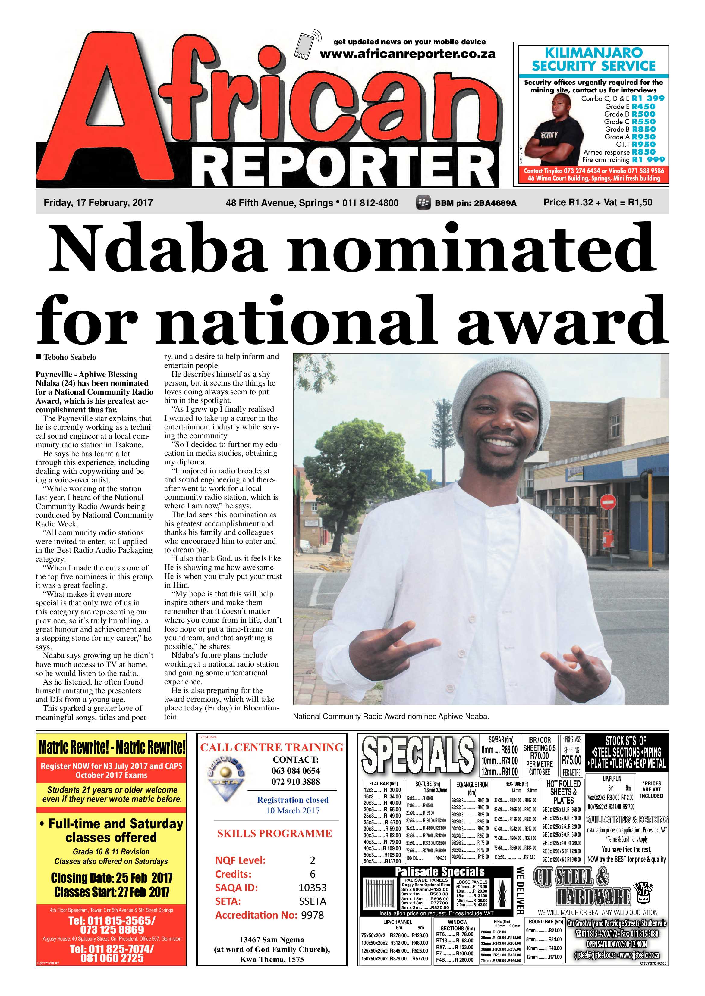 African Reporter 17 February 2017 page 1