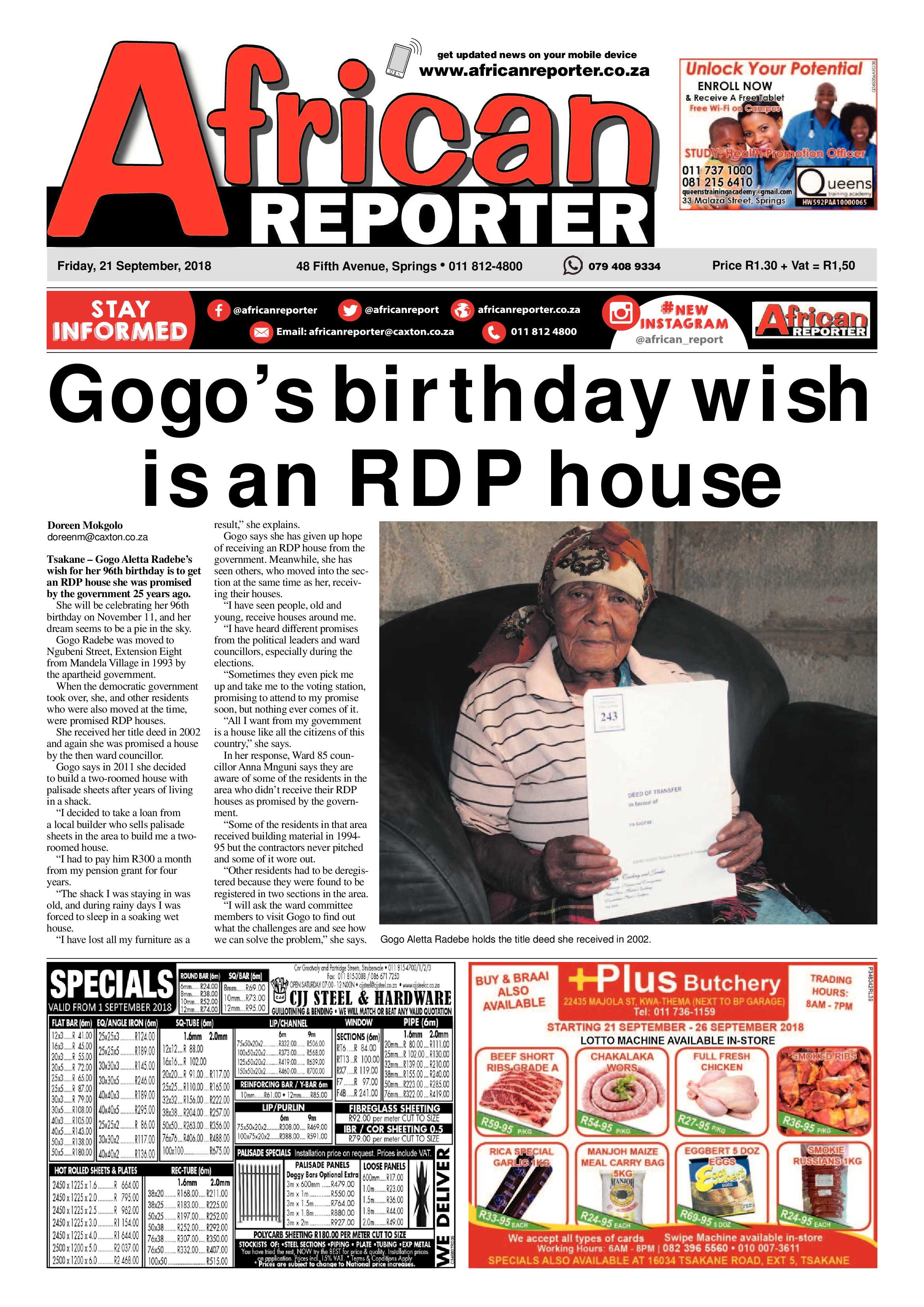 African Reporter 21 September 2018 page 1