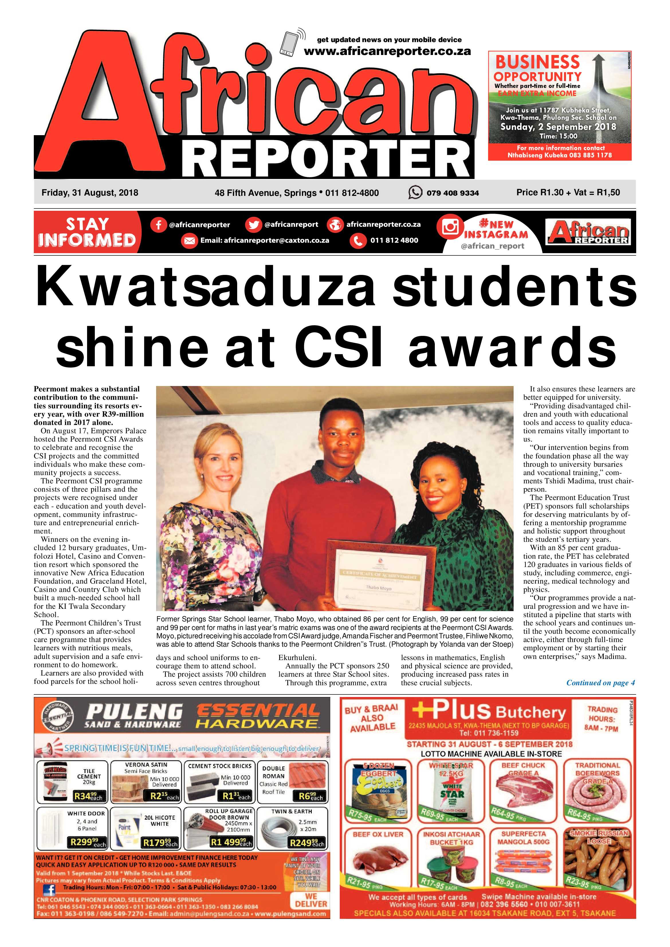 African Reporter 31 August 2018 page 1